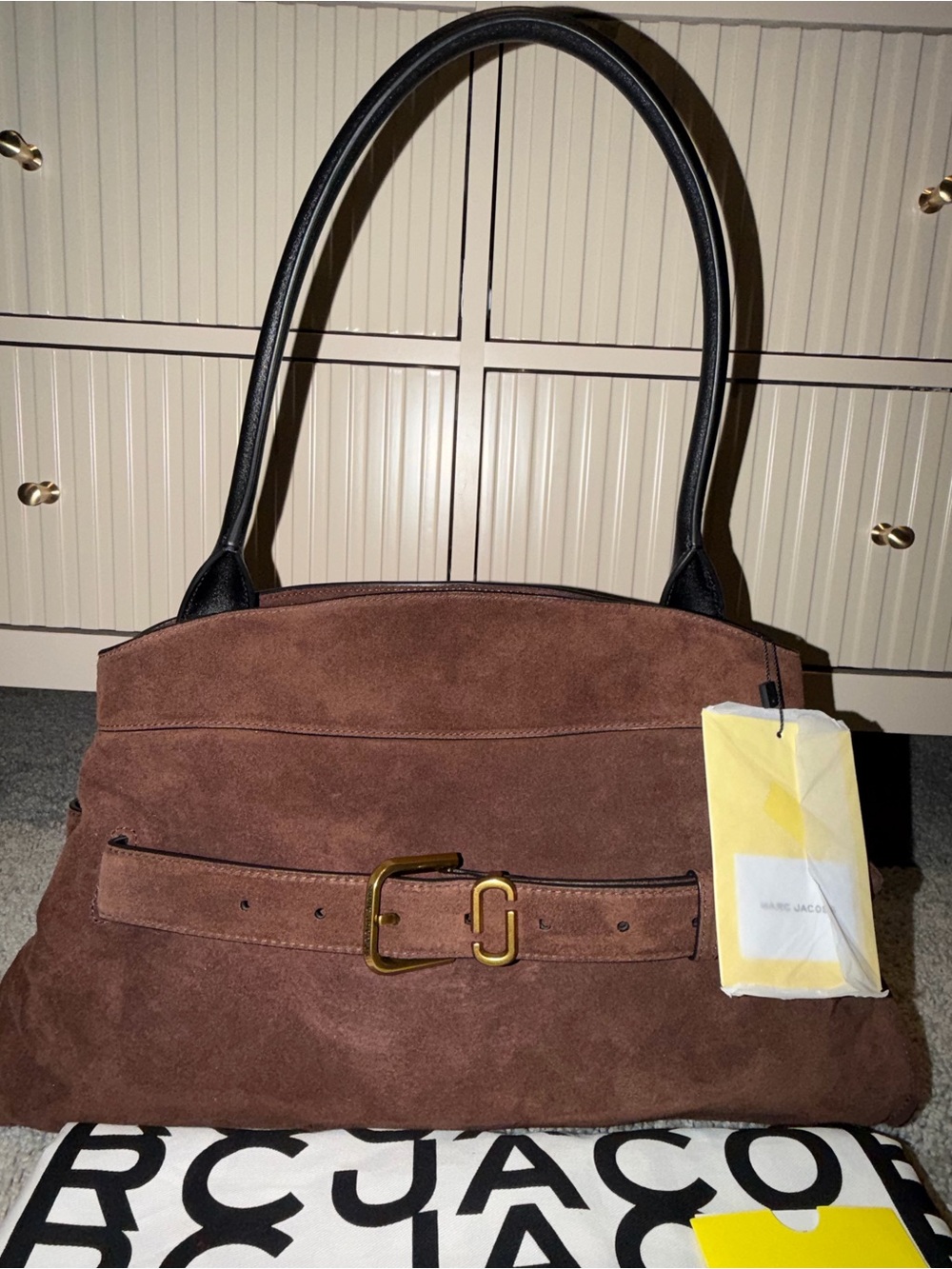 Marc Jacobs Brown Suede Shoulder Bag with Black Handles and Gold Hardware